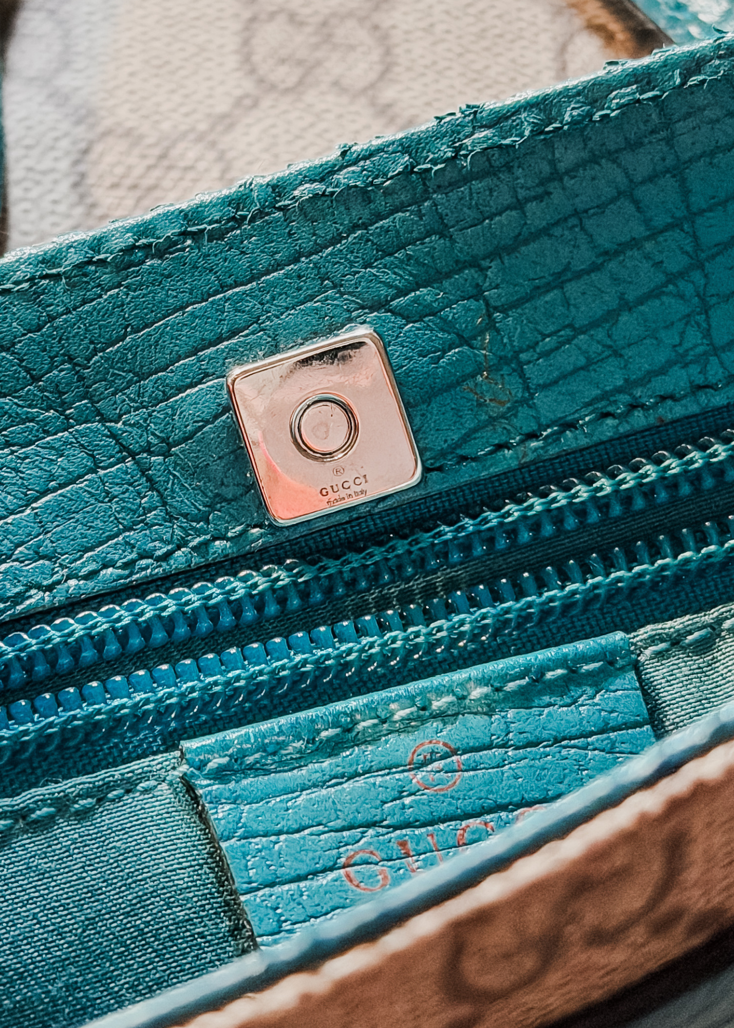 *Rare* Vintage Gucci GG Supreme Mini Handbag PVC Leather Beige Teal Turquoise Blue Trim Purse