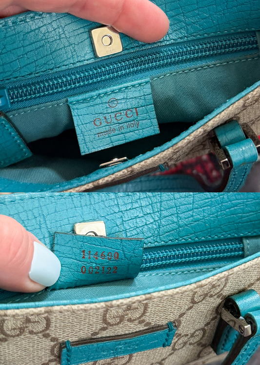 *Rare* Vintage Gucci GG Supreme Mini Handbag PVC Leather Beige Teal Turquoise Blue Trim Purse