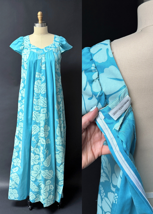 Vintage 70s Liberty House Hawaii Blue Tropical Floral Muumuu Maxi Dress l Hostess Gown (S/M)