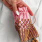 Vintage 20s-40s Pink Satin Beaded Drawstring Evening Bag Wood Bead Fringe Purse