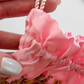 Vintage 20s-40s Pink Satin Beaded Drawstring Evening Bag Wood Bead Fringe Purse