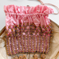 Vintage 20s-40s Pink Satin Beaded Drawstring Evening Bag Wood Bead Fringe Purse