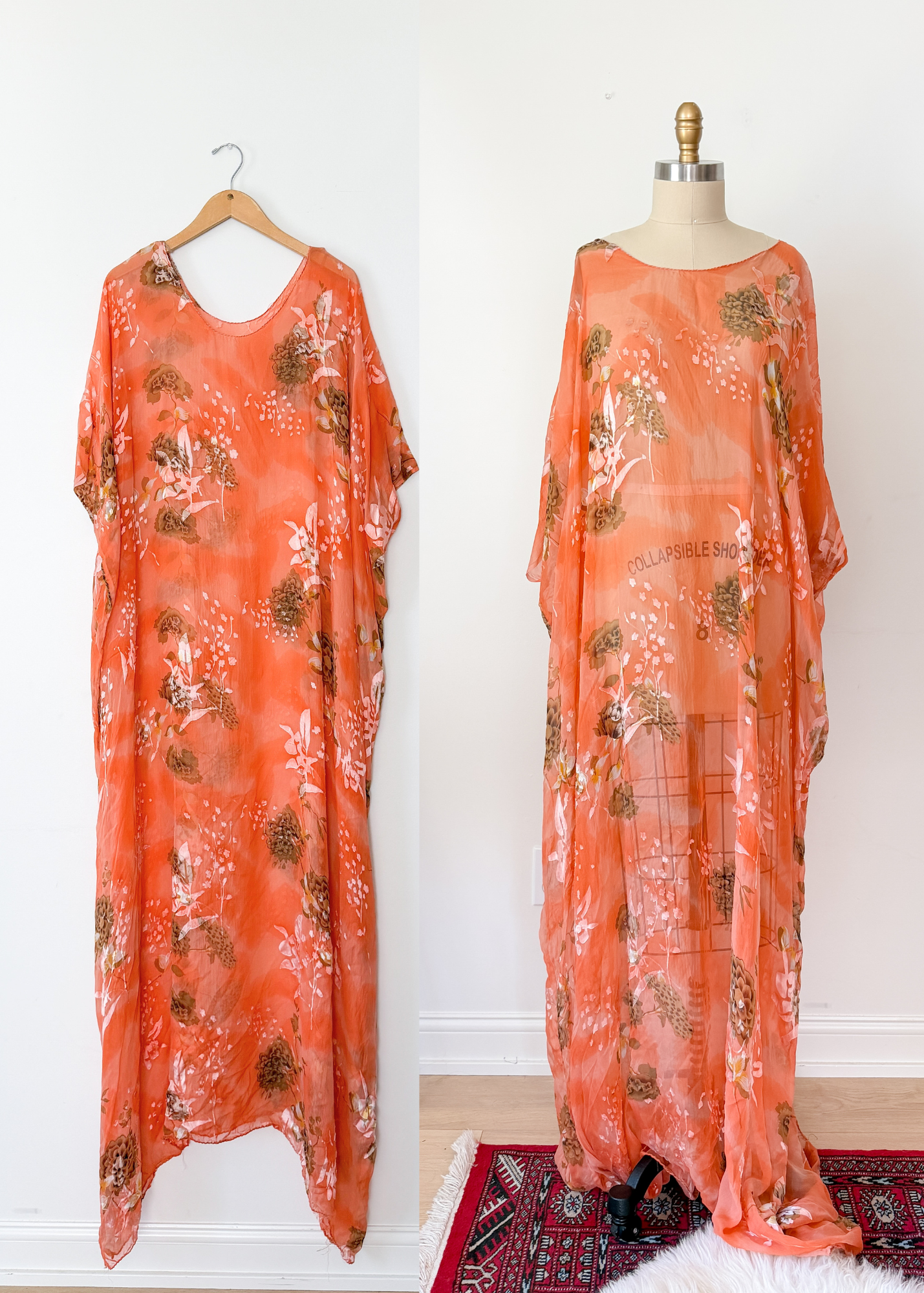 Vintage Hand Made Peach Coral Silk Kaftan Maxi Ethereal Boho Dress