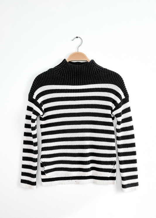 White + Warren Navy White Heavy Knit Stripe Mock Neck Sweater (XS)