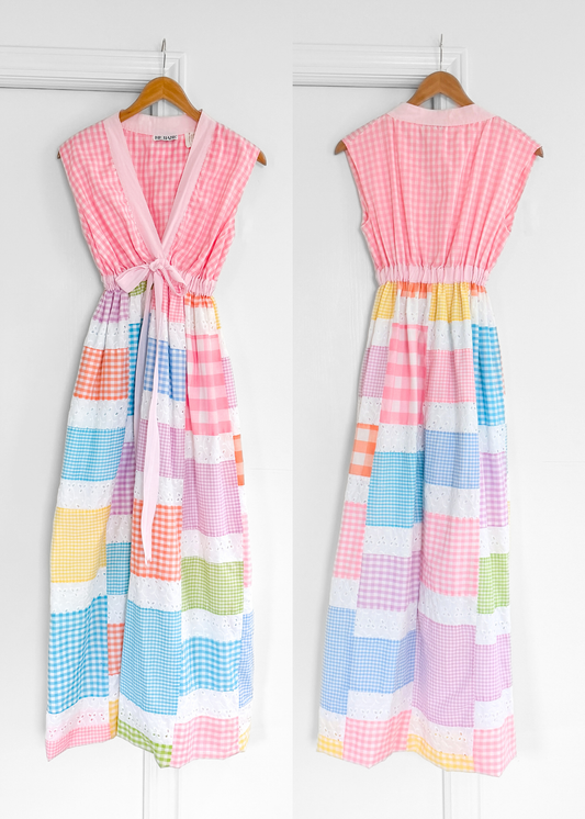 Vintage 70s Mr. Hank Patchwork Gingham Folk Prairie Maxi Dress