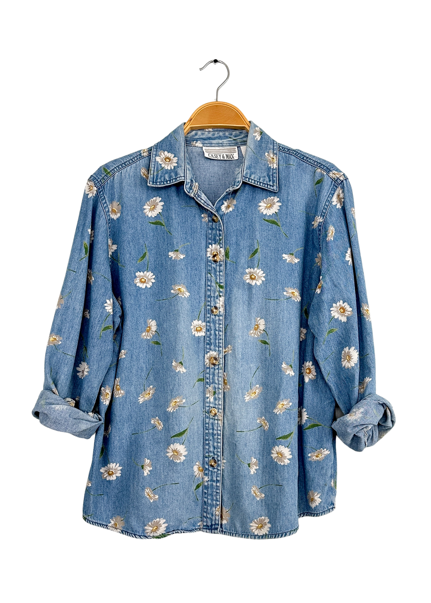 Vintage 90s Casey & Max Daisy Flower Denim Button Down Top