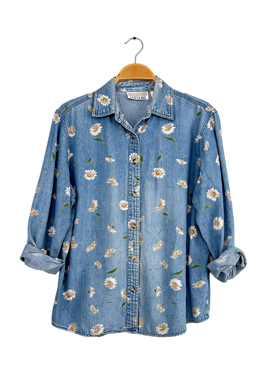 Vintage 90s Casey & Max Daisy Flower Denim Button Down Top