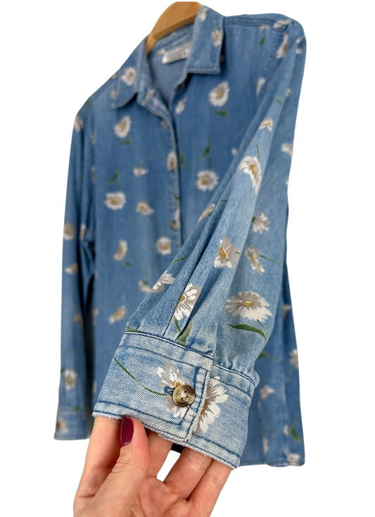 Vintage 90s Casey & Max Daisy Flower Denim Button Down Top