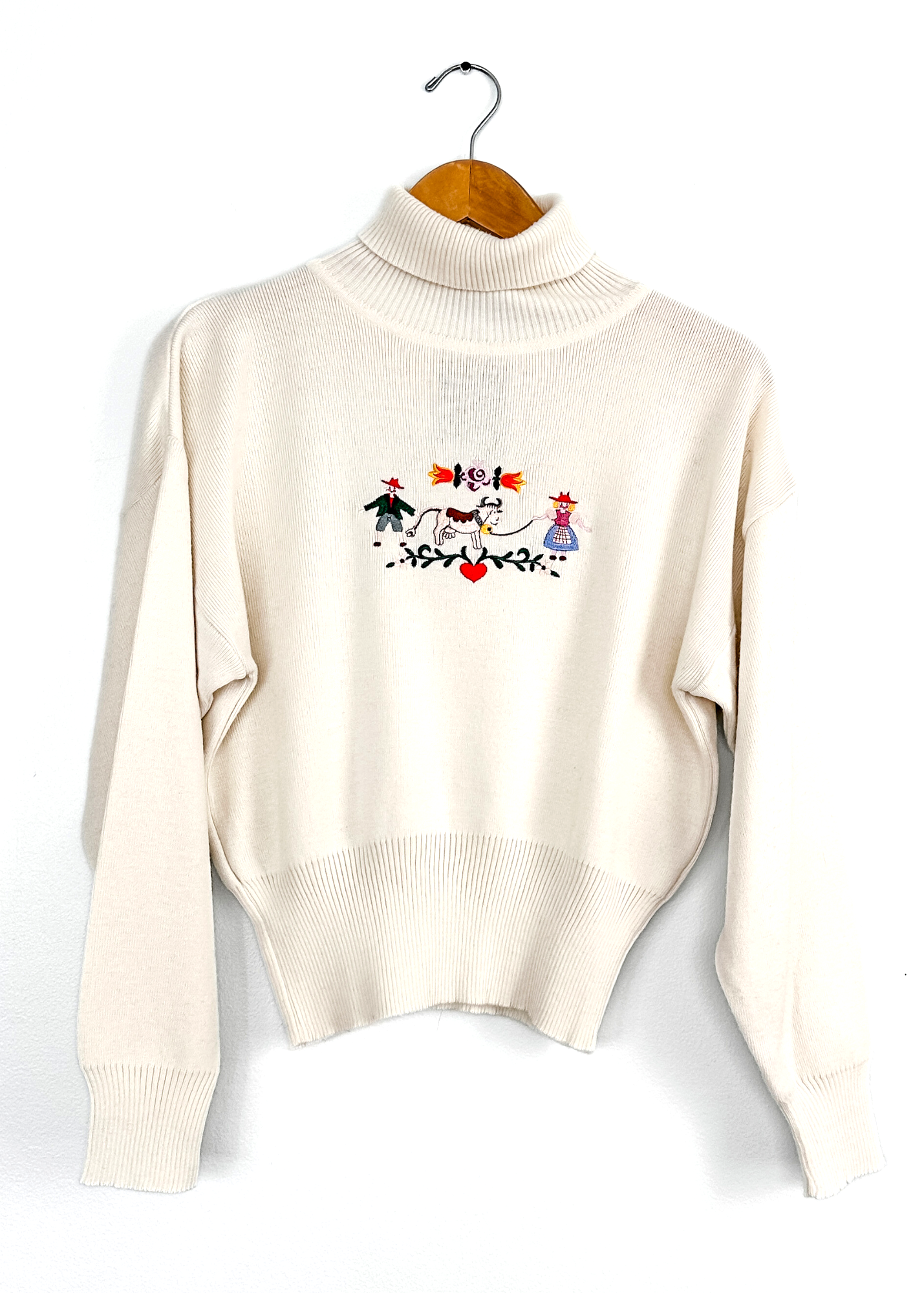 Vintage 80s David Meister Swiss/Austrian Emrboidered Novelty Turtleneck Sweater (S)