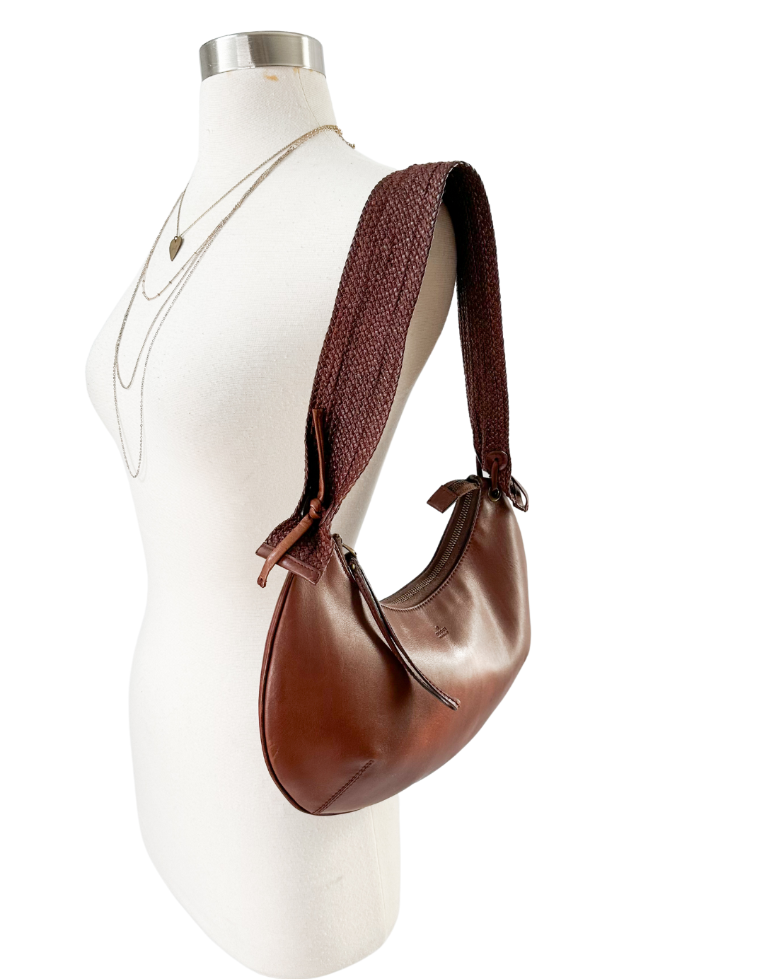 Gucci Mahogany Brown Leather Half Moon Crescent & Woven Shoulder Purse