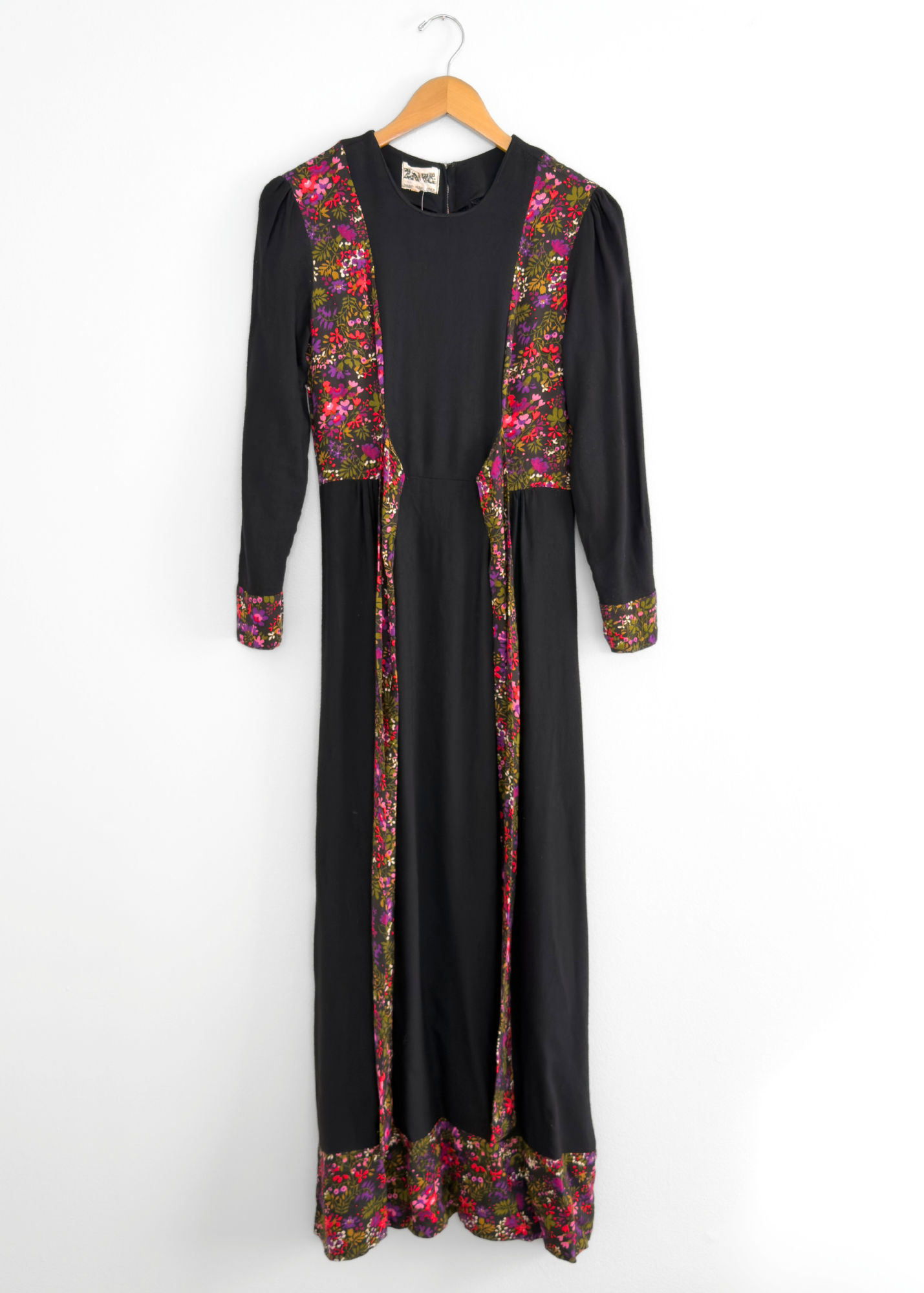 Vintage 60s 70s Zanie London Black & Floral Wrap Maxi Dress (vintage EU 36 or 2/4)