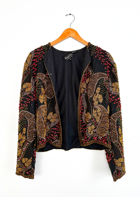 Made in India Heavy Beaded Embroidered Black Silk Jacket (M)