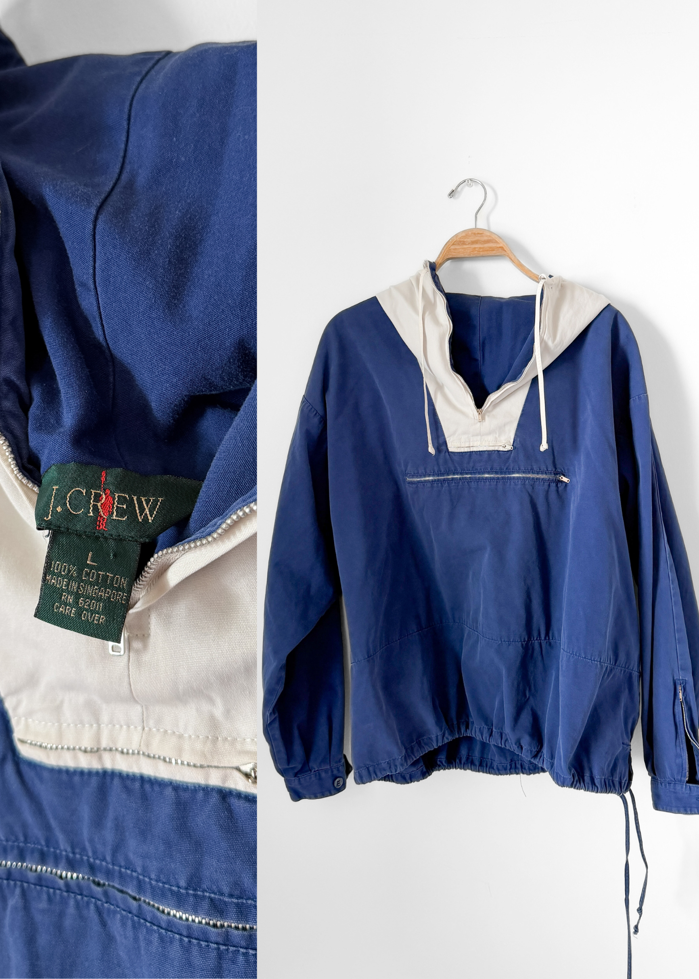 Vintage 90s J.Crew Navy White Two-Tone Anorak Windbreaker Prep Jacket (L)