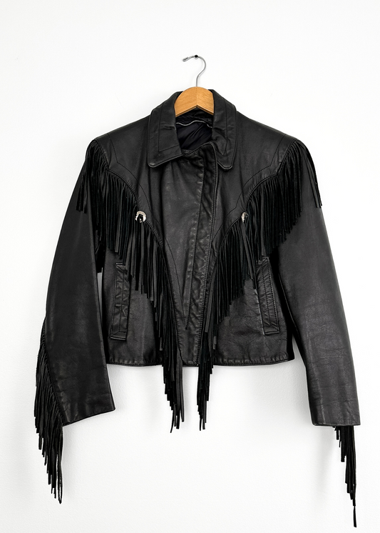 Vintage Black Leather Fringe Western Coat (6)