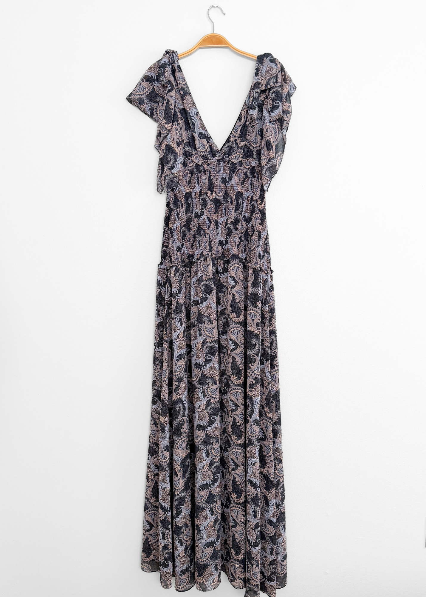 Cinq à Sept Kris Chiffon Dress in Raven Paisley Navy Blue Chiffon Smocked Maxi
