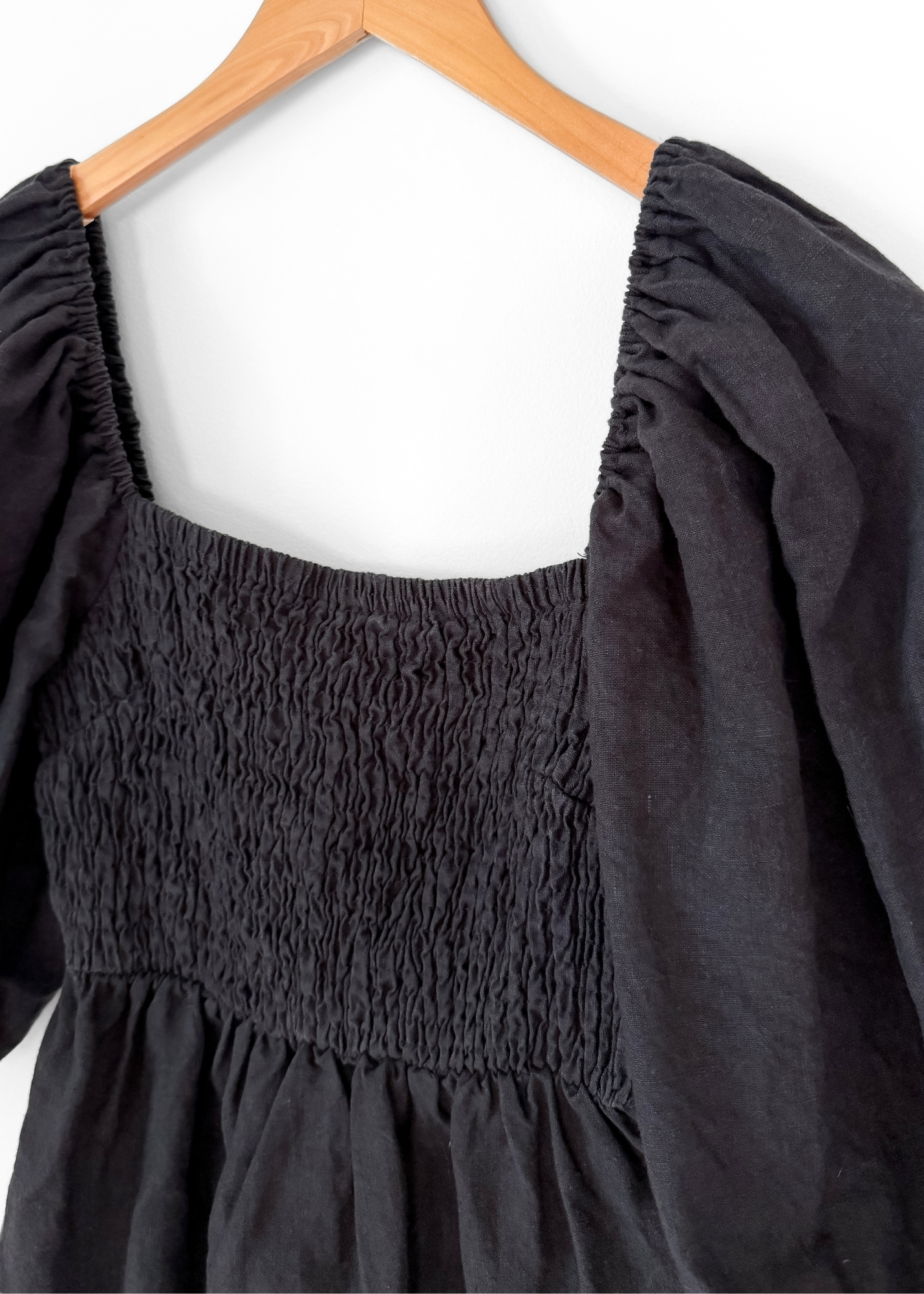 Tuckernuck Annie Linen Smocked Balloon Sleeve Black Dress (S)