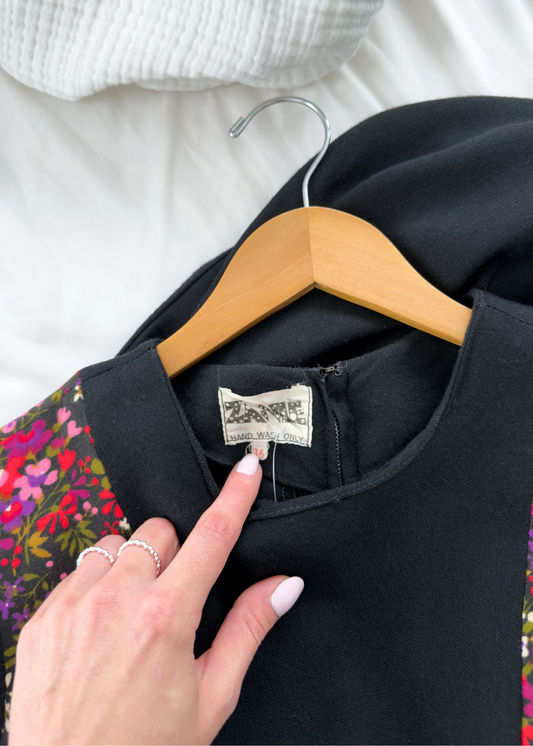 Vintage 60s 70s Zanie London Black & Floral Wrap Maxi Dress (vintage EU 36 or 2/4)