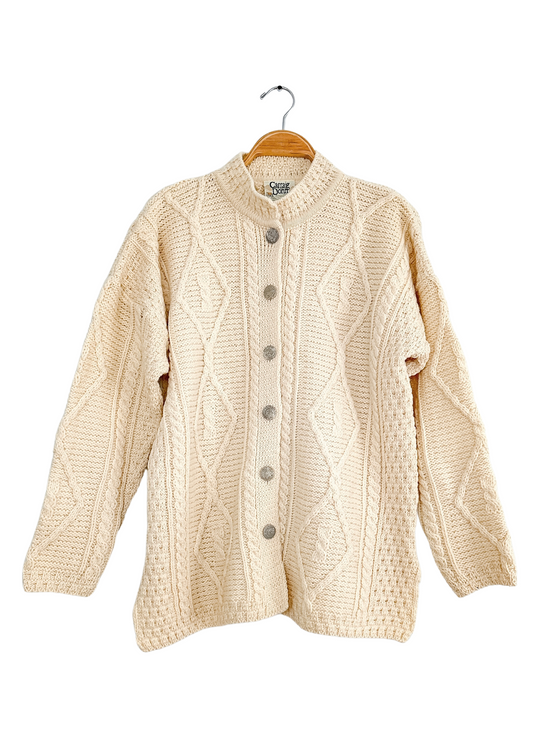 Vintage 80s Ireland Carraig Donn Aran Cream Pure New Wool Cardigan Sweater