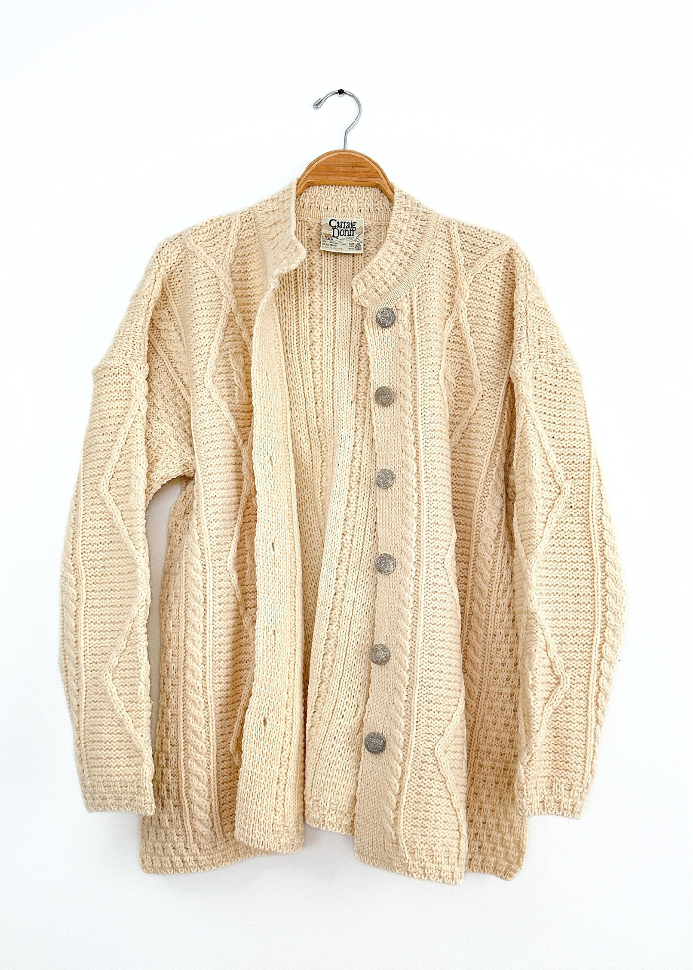 Vintage 80s Ireland Carraig Donn Aran Cream Pure New Wool Cardigan Sweater