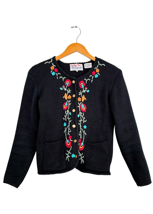 Vintage 70s Tally-Ho Floral Embroidered Hand Knit Cardigan Sweater (S)