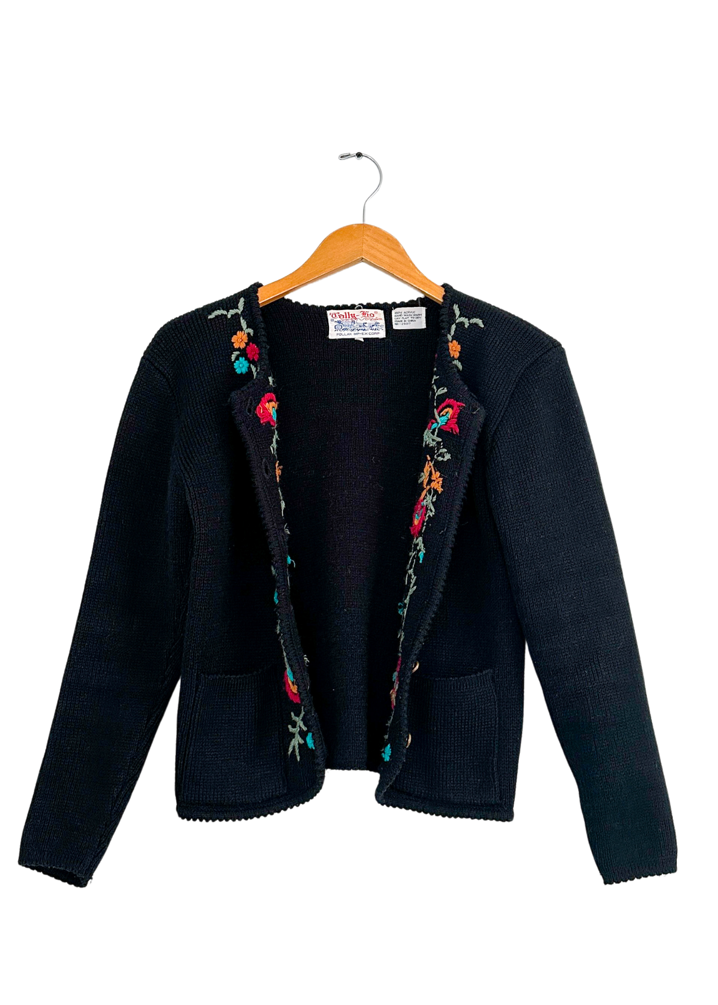 Vintage 70s Tally-Ho Floral Embroidered Hand Knit Cardigan Sweater (S)