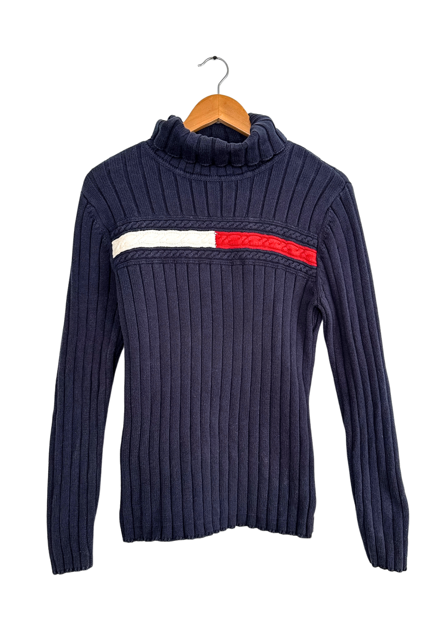 Vintage 2004 Tommy Hilfiger Womens Navy Cable Knit Flag Turtleneck Sweater