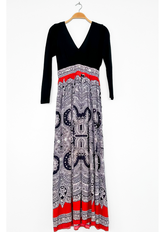 Vintage 70s Black Red and Navy Boho Maxi Dress (S)