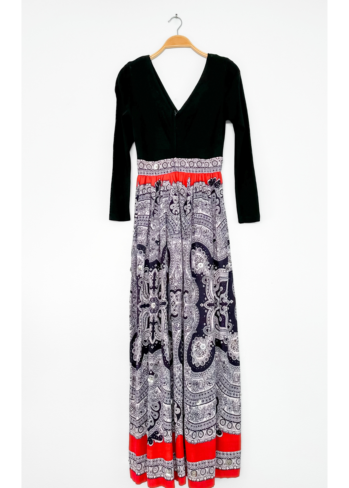 Vintage 70s Black Red and Navy Boho Maxi Dress (S)