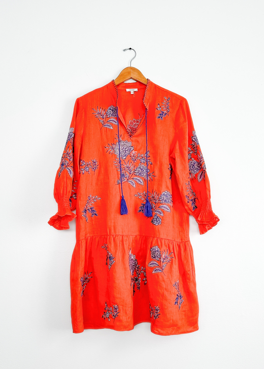 Tyler Boe Niki Fleur De Lis Orange Blue Embroidered Linen Dress (M)