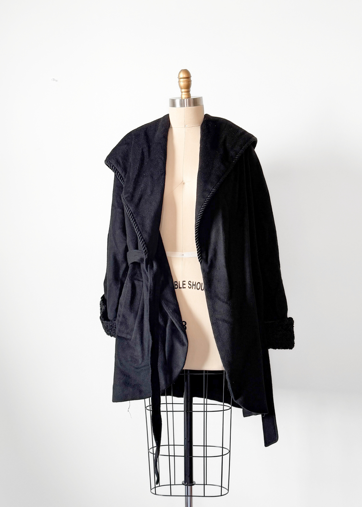 Vintage 80s Lorovi Black Wool Cloak Tie Front Coat (S/M)