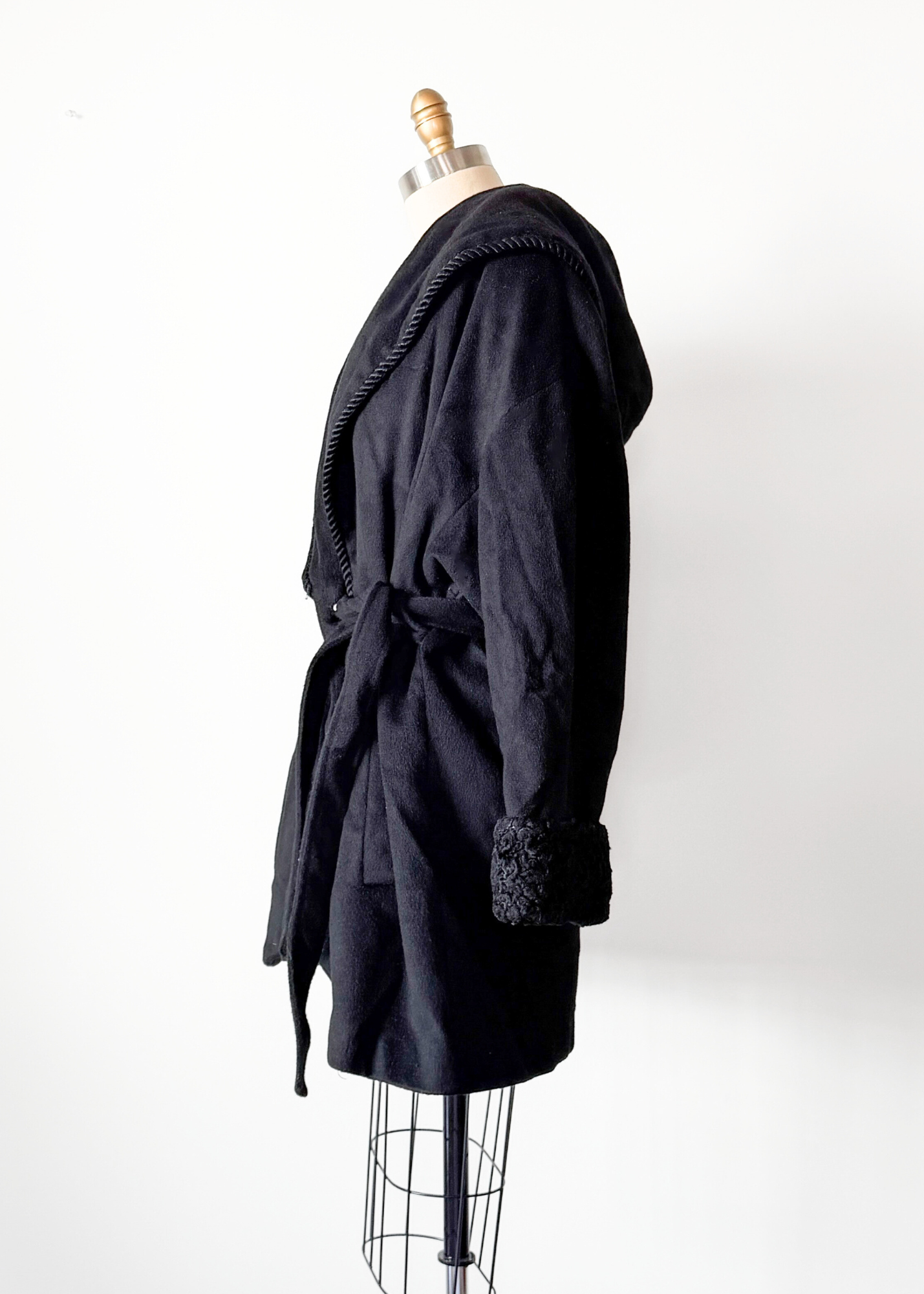 Vintage 80s Lorovi Black Wool Cloak Tie Front Coat (S/M)