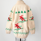 Vintage 60s Hand Knit One Of A Kind Cowichan Cream Ski Theme Alpine Sweater
