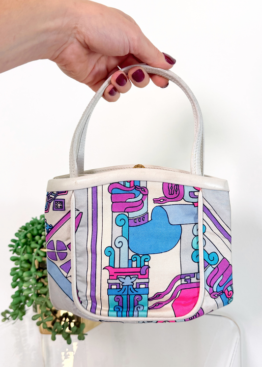 Emilio Pucci by Jana 1960s RARE Abstract Silk and Leather Top Handle Purse