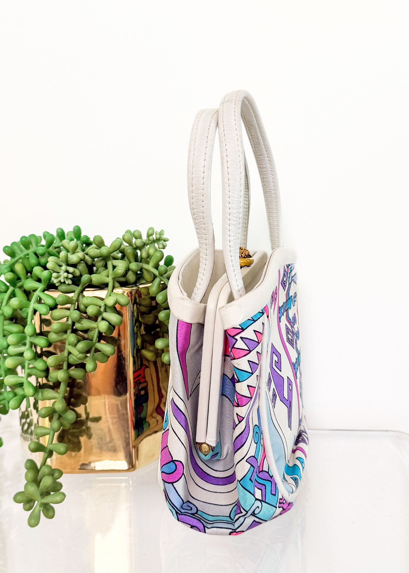 Emilio Pucci by Jana 1960s RARE Abstract Silk and Leather Top Handle Purse