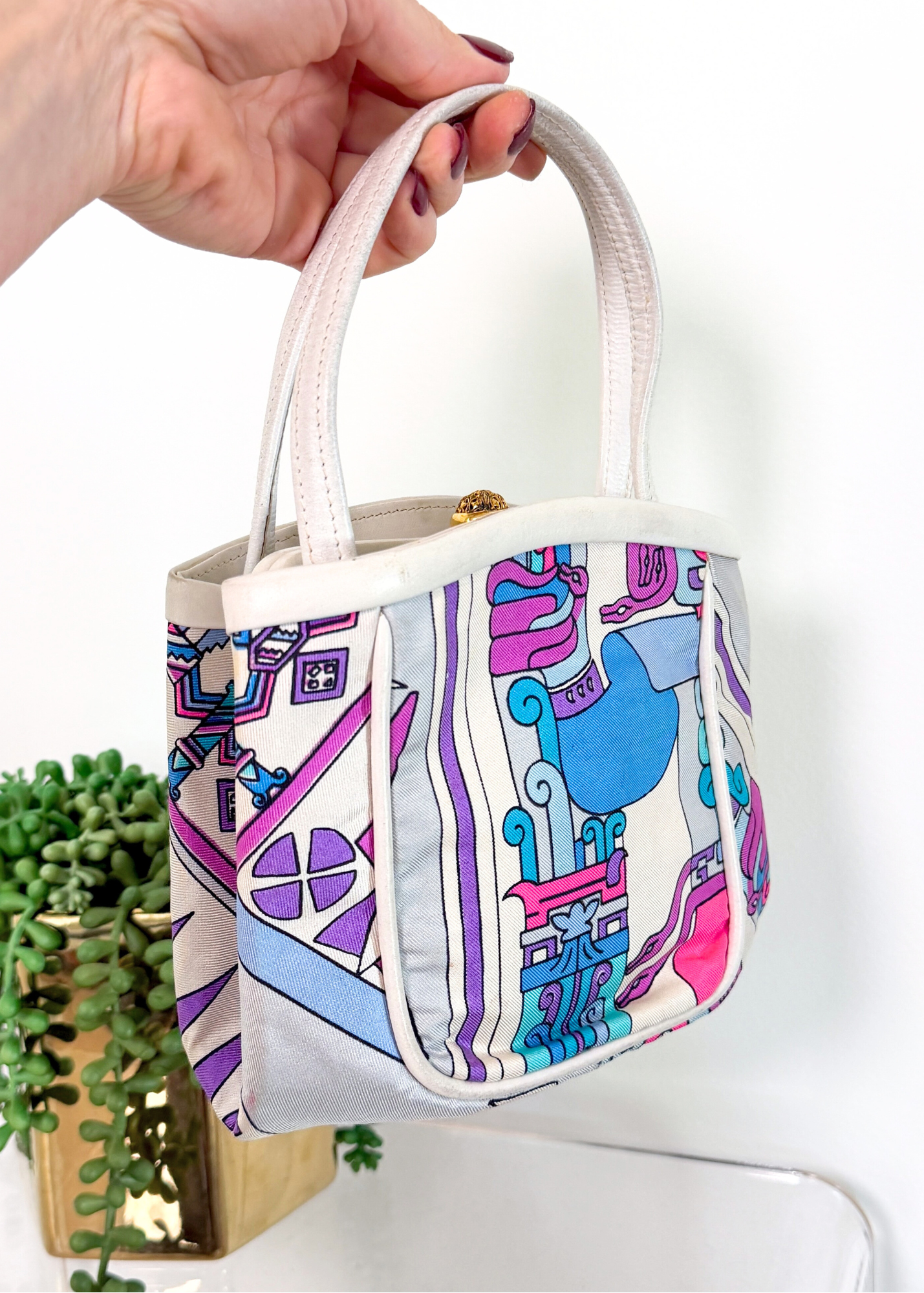 Emilio Pucci by Jana 1960s RARE Abstract Silk and Leather Top Handle Purse