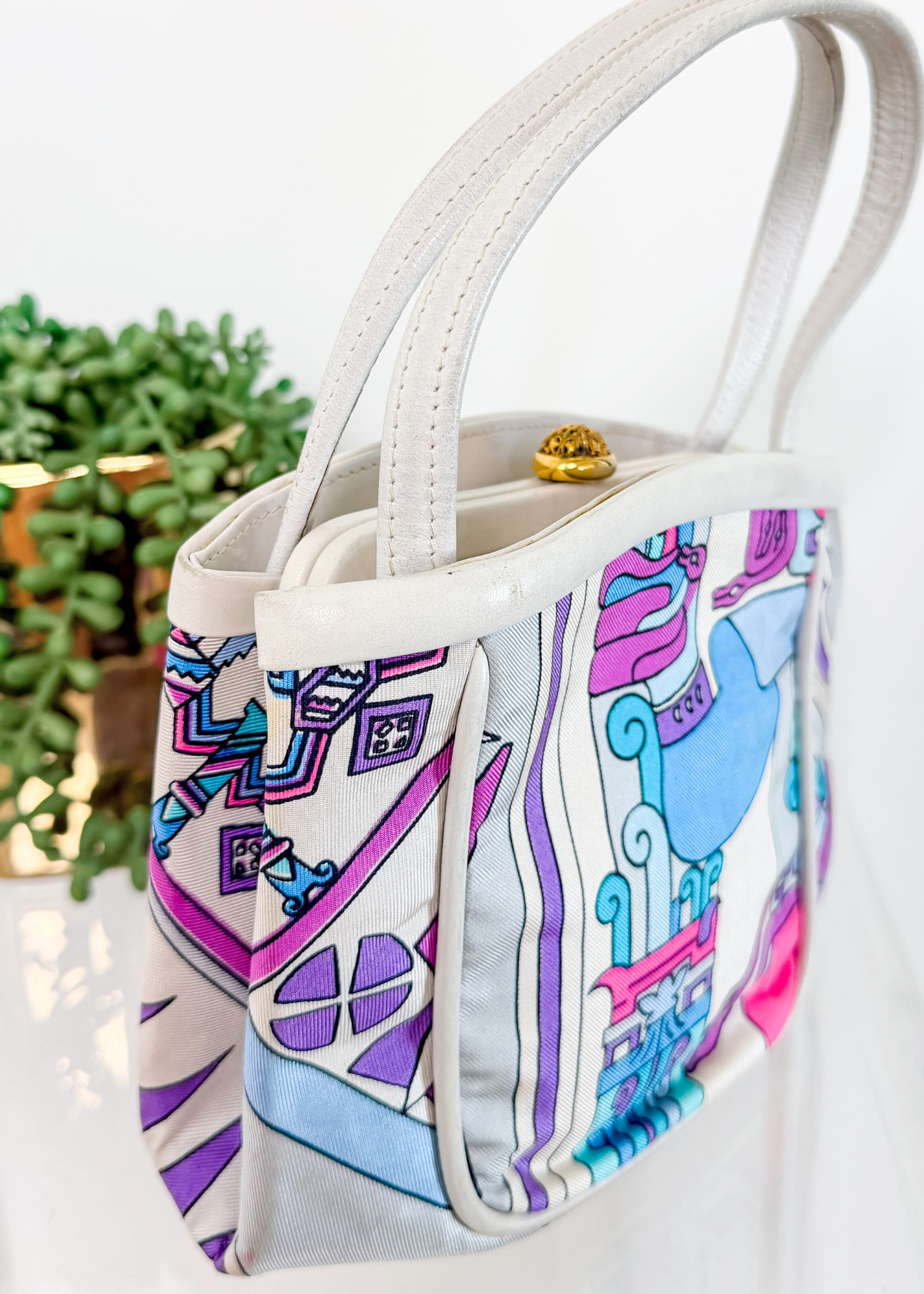 Emilio Pucci by Jana 1960s RARE Abstract Silk and Leather Top Handle Purse