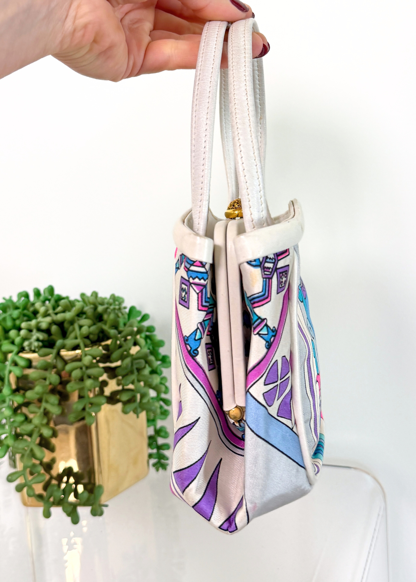 Emilio Pucci by Jana 1960s RARE Abstract Silk and Leather Top Handle Purse