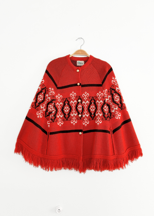 Vintage 70s Kingsley Burnt Orange Gold Button Capelet Knit (one size)