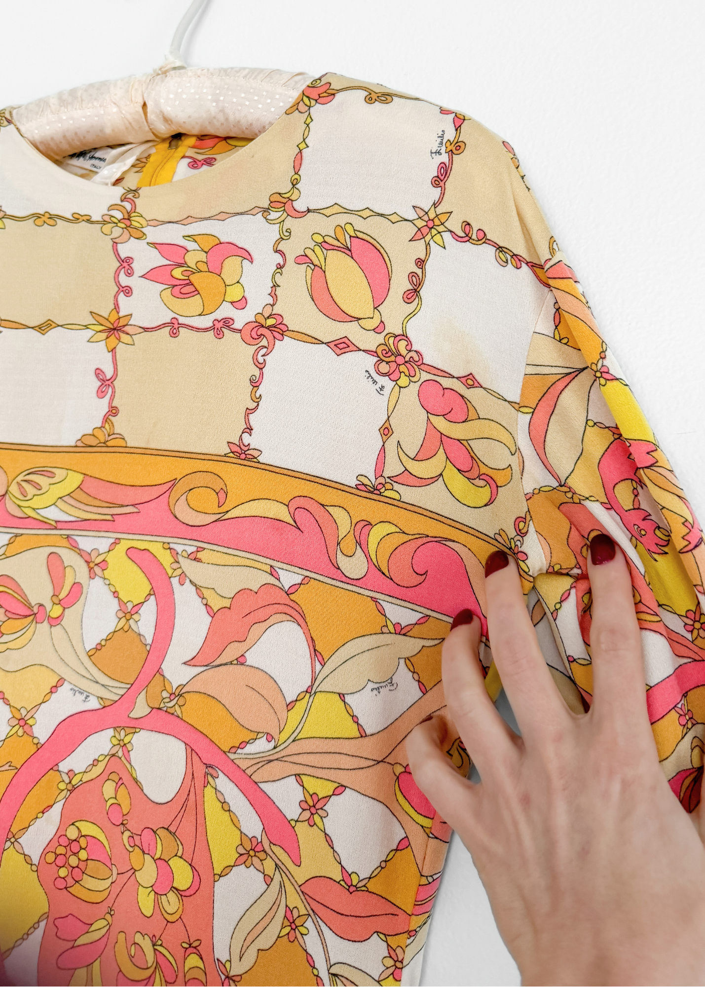 Vintage 60s 70s Emilio Pucci Silk Pink Peach Yellow Abstract Tie Belt Dress