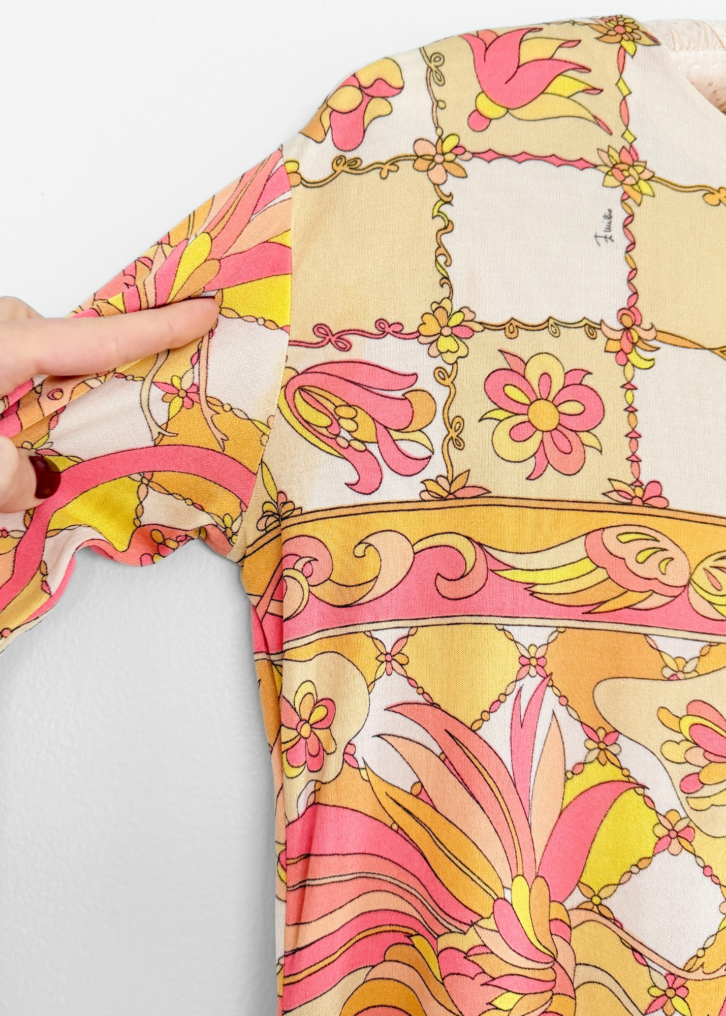 Vintage 60s 70s Emilio Pucci Silk Pink Peach Yellow Abstract Tie Belt Dress