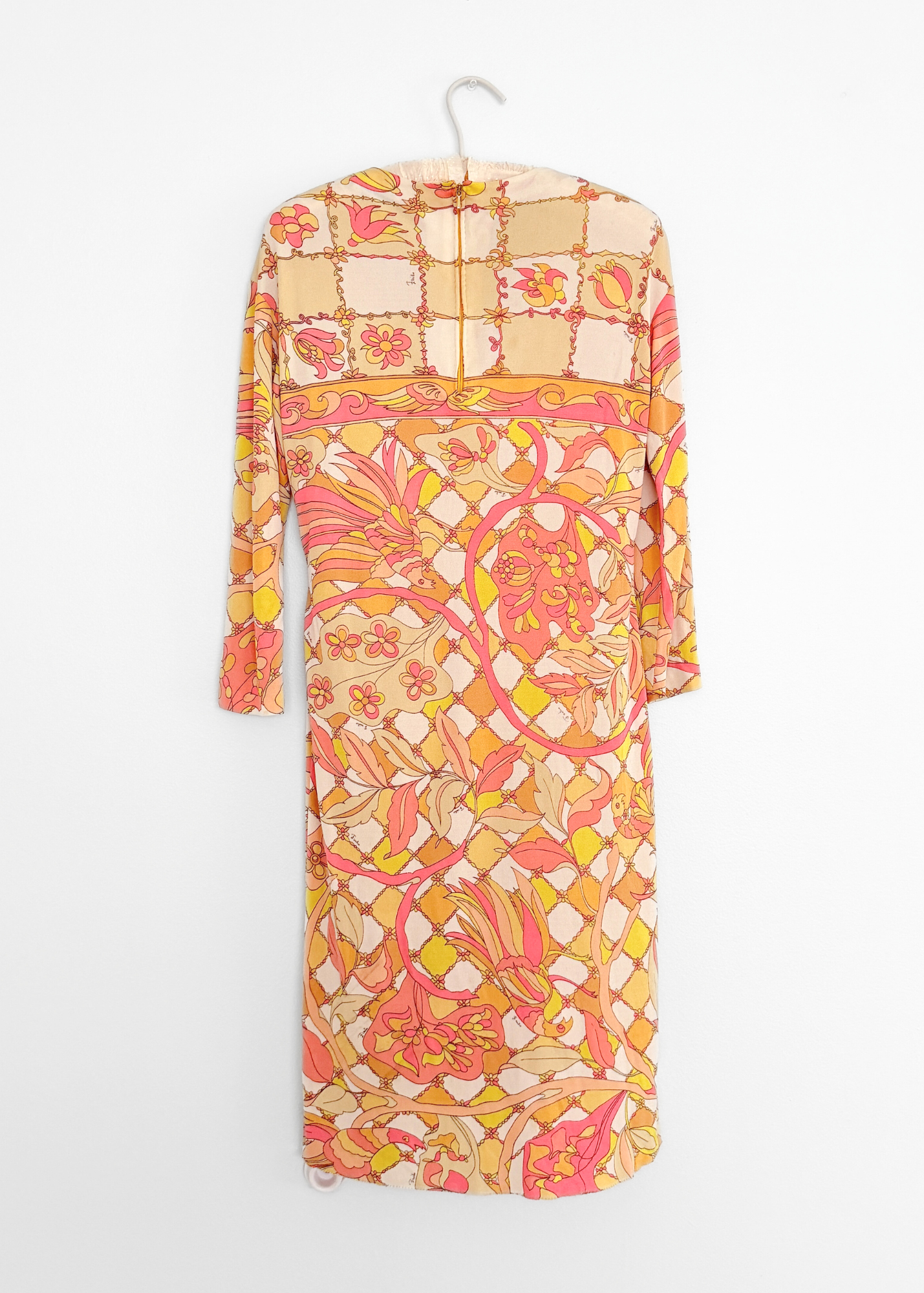 Vintage 60s 70s Emilio Pucci Silk Pink Peach Yellow Abstract Tie Belt Dress
