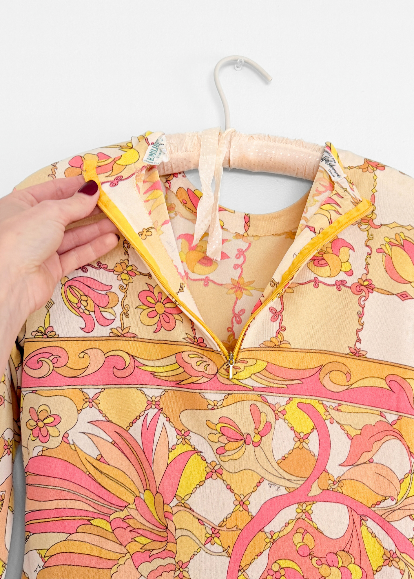 Vintage 60s 70s Emilio Pucci Silk Pink Peach Yellow Abstract Tie Belt Dress