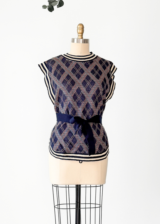 Vintage 70s Loomknits Navy Argyle Tie Sweater Vest