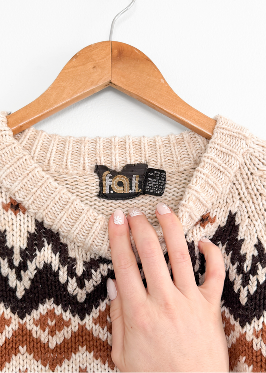 Vintage 80s f.a.I. Cream Tan Brown and Black Acrylic Pullover Sweater (M)