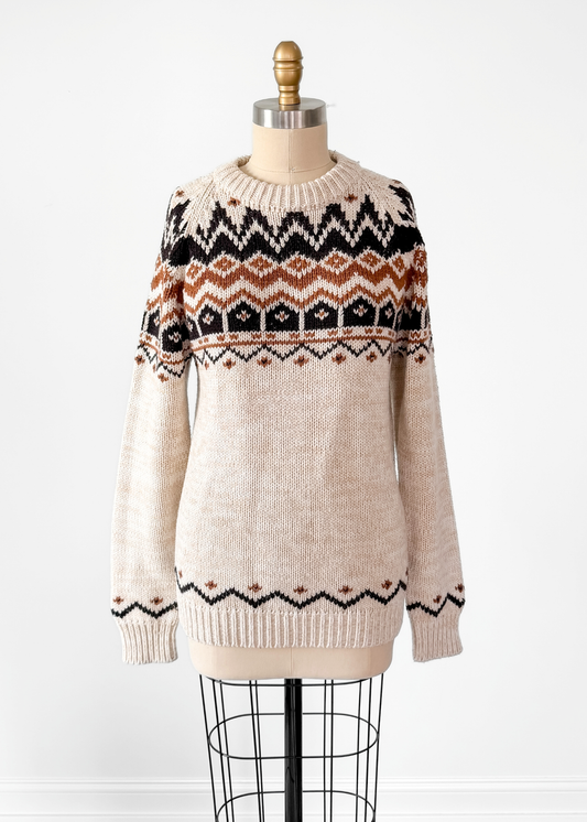 Vintage 80s f.a.I. Cream Tan Brown and Black Acrylic Pullover Sweater (M)