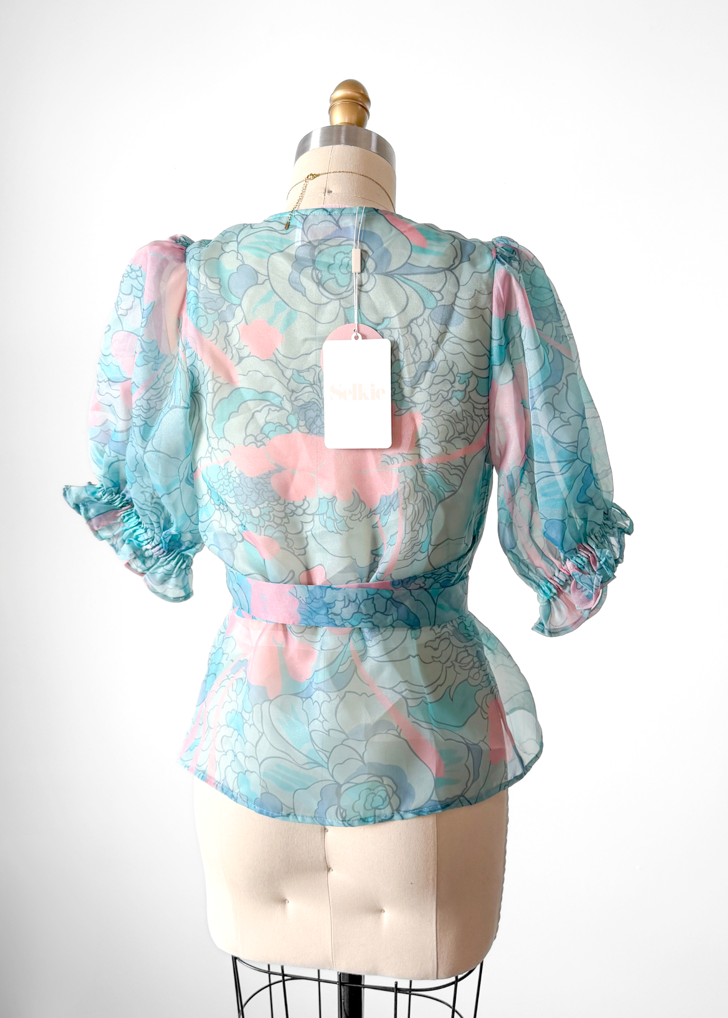 NEW Selkie Cloud 9 Blue & Pink Champagne Mod Print Wrap Top (S)