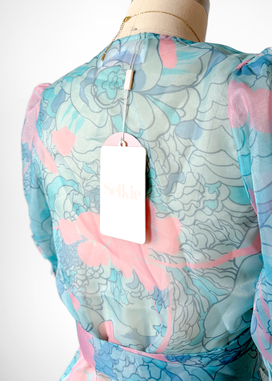 NEW Selkie Cloud 9 Blue & Pink Champagne Mod Print Wrap Top (S)