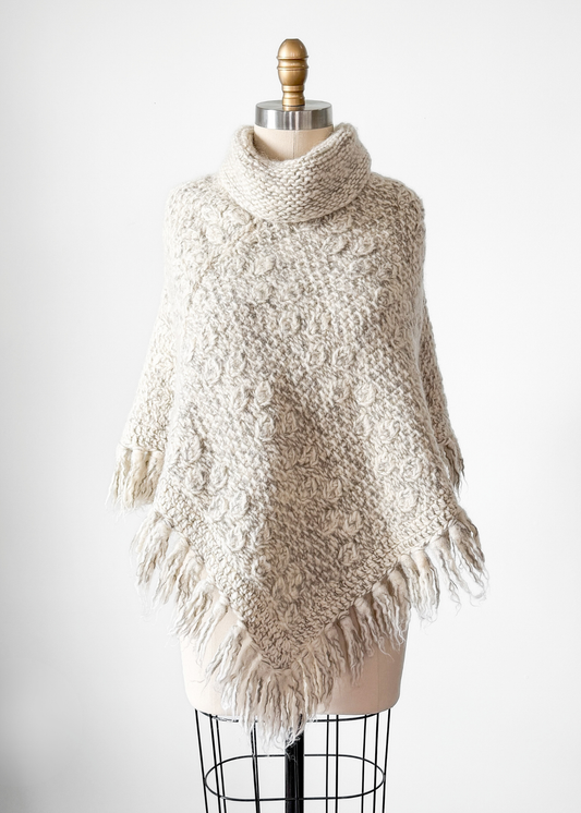Vintage 60s Gray Ivory Heavy Wool Poncho Cape Sweater