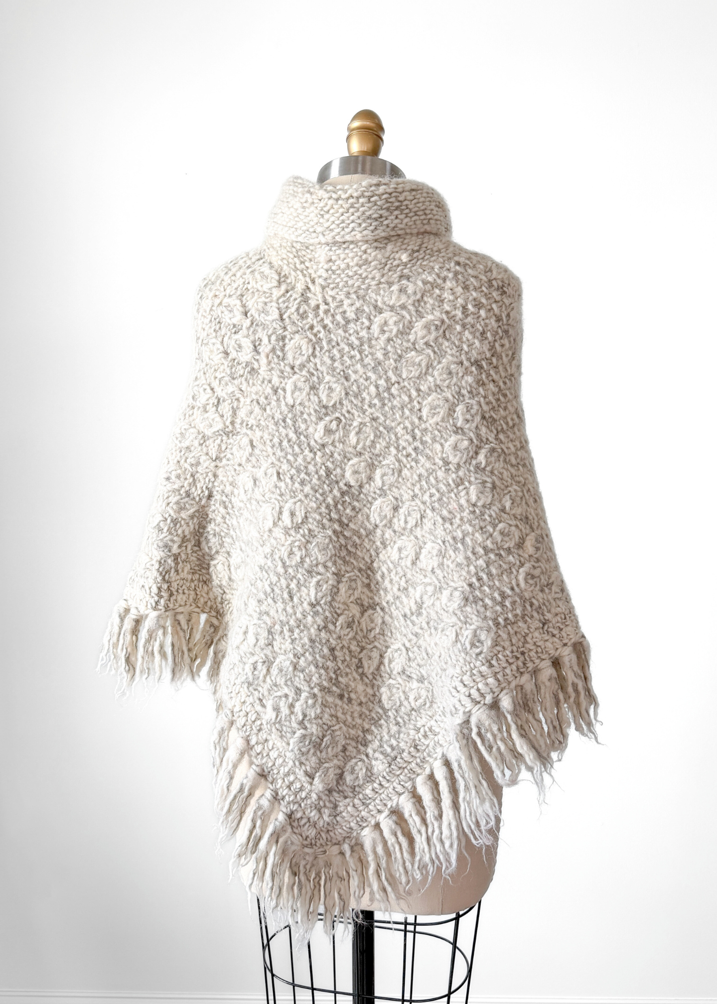 Vintage 60s Gray Ivory Heavy Wool Poncho Cape Sweater