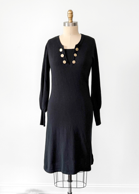Pure Collection Black Cashmere & Lambswool Gold Button Long Sleeve Knit Dress (6)
